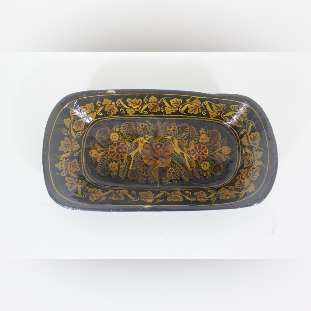 Vintage Kashmir Lacquered Wood Bowl Handmade Hand Painted Floral Leaf Bird Black